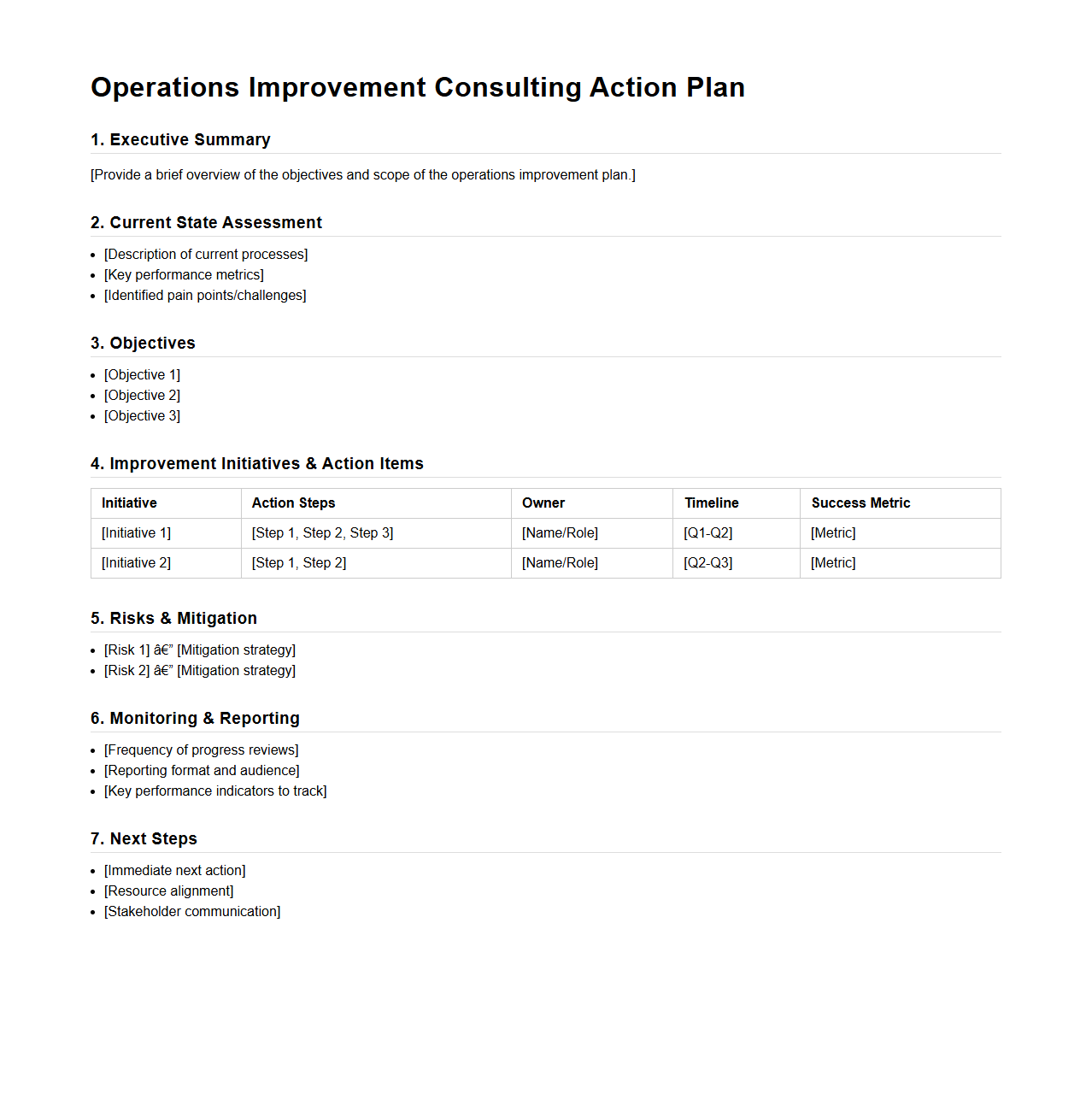 Operations Improvement Consulting Action Plan