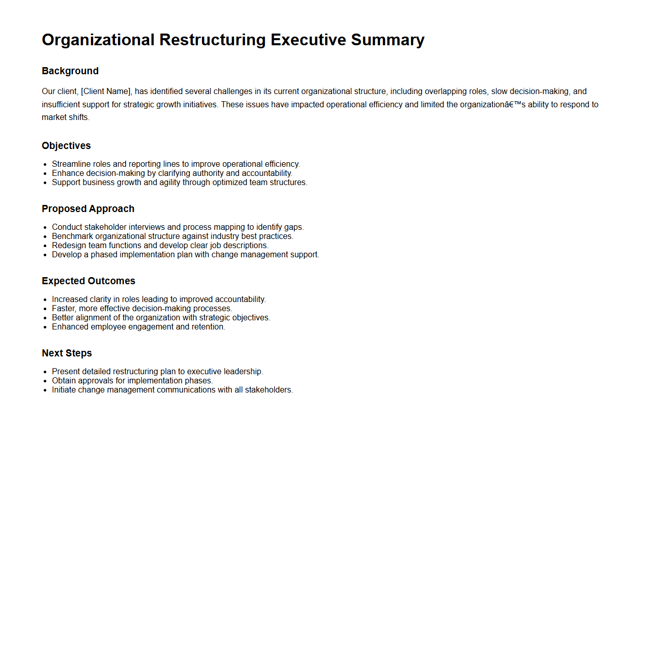 Organizational Restructuring Executive Summary Sample for Consulting