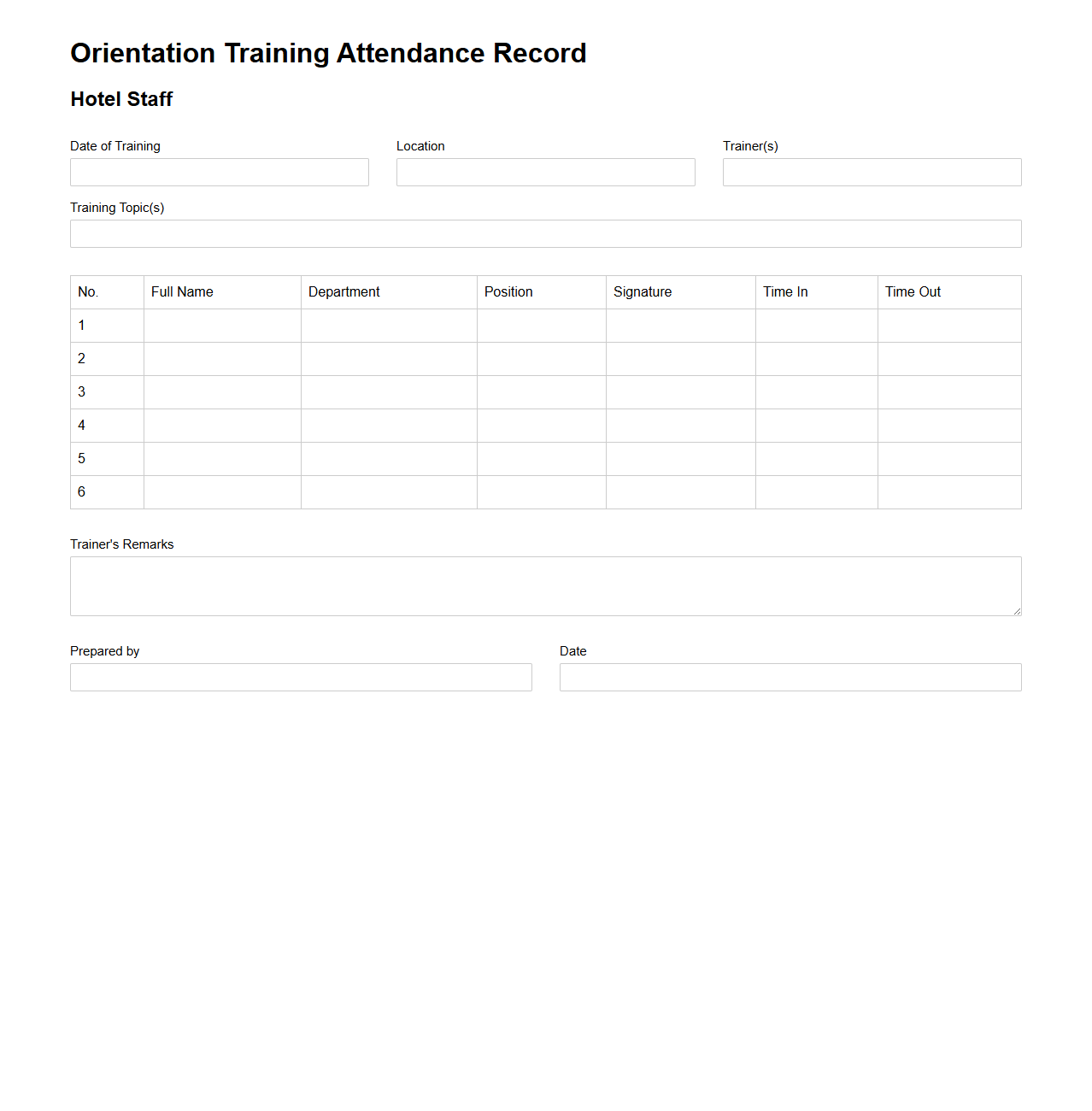 Orientation Training Attendance Record for Hotel Staff