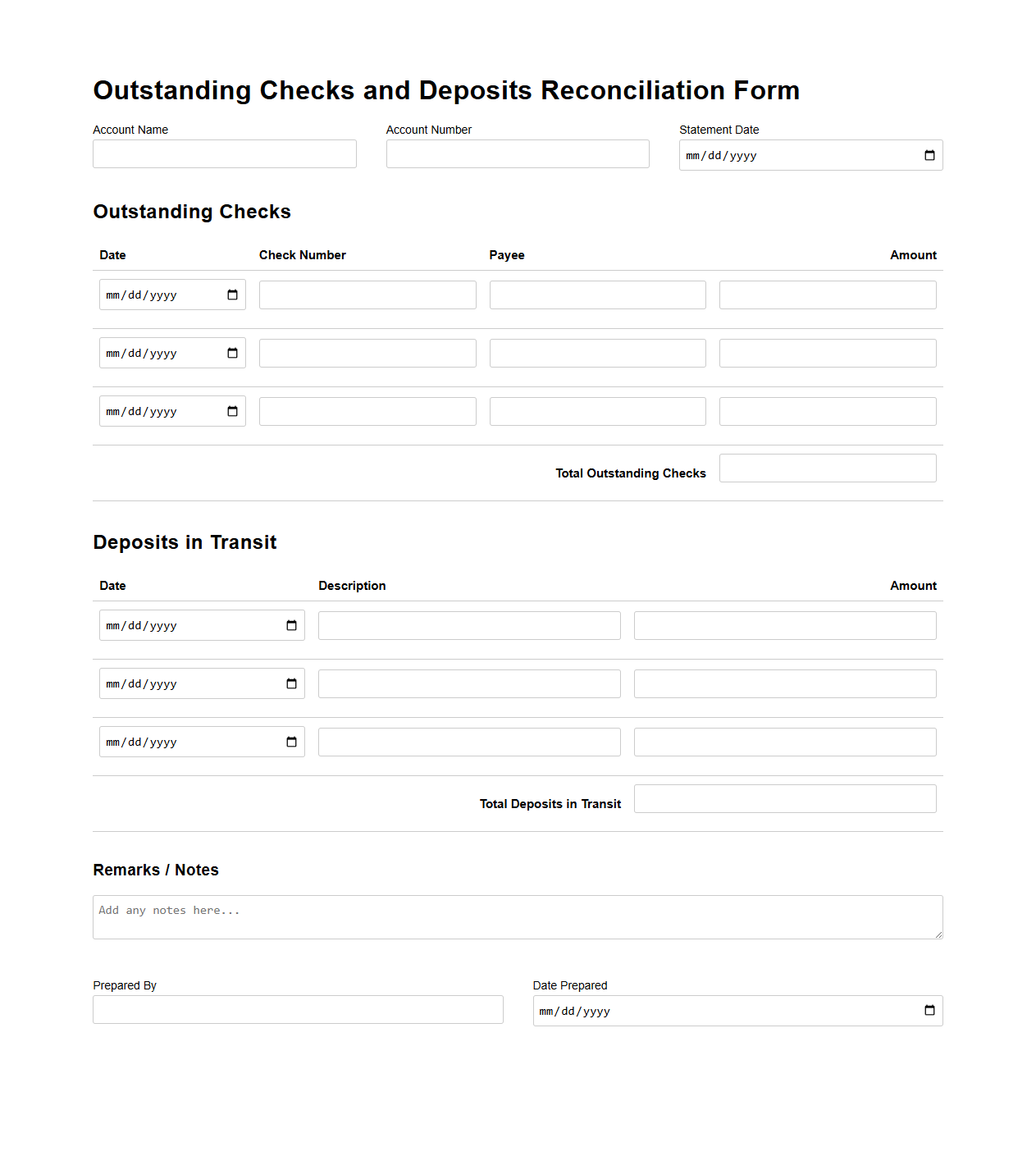 Outstanding Checks and Deposits Reconciliation Form