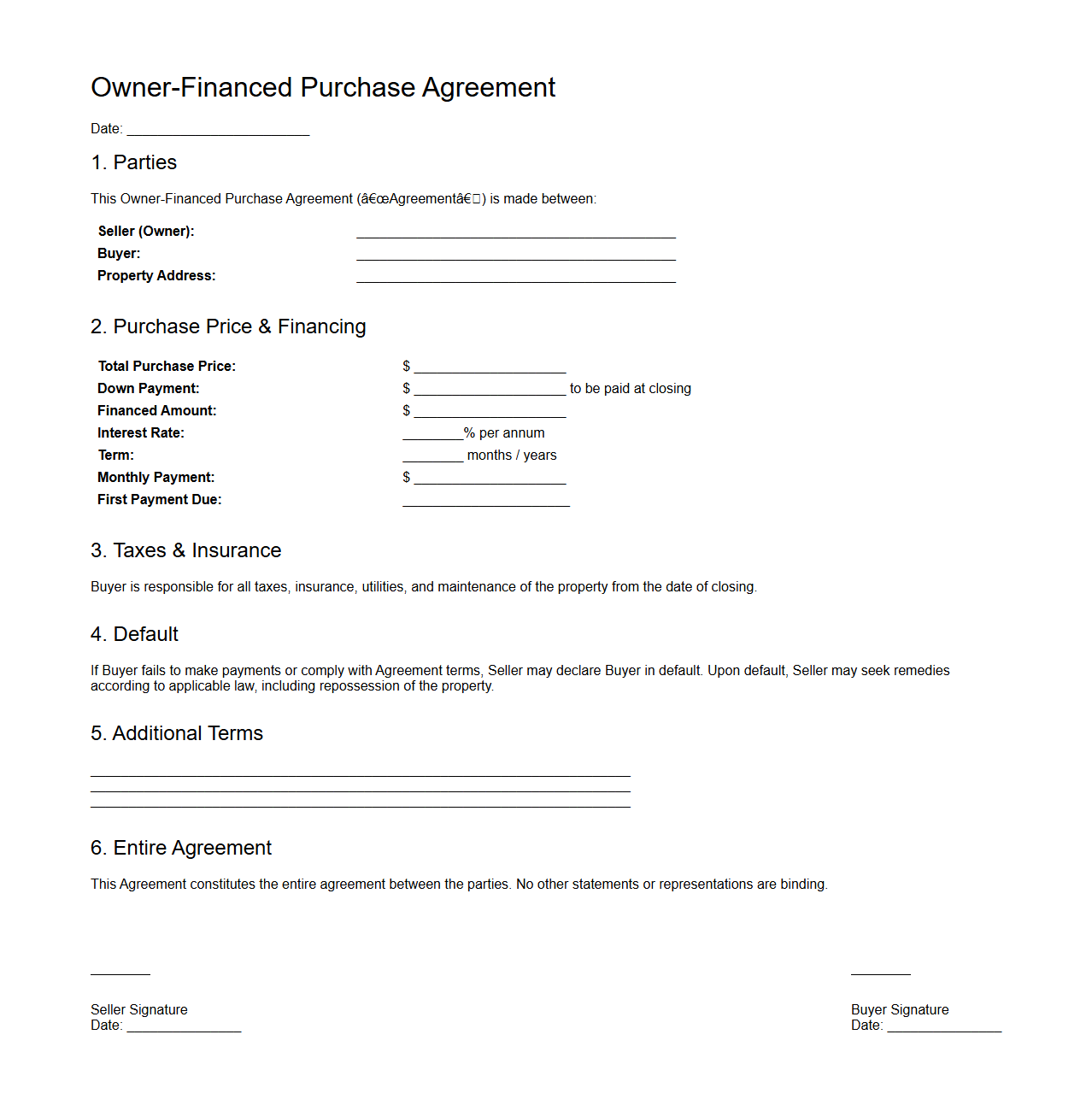 Owner-Financed Purchase Agreement Sample