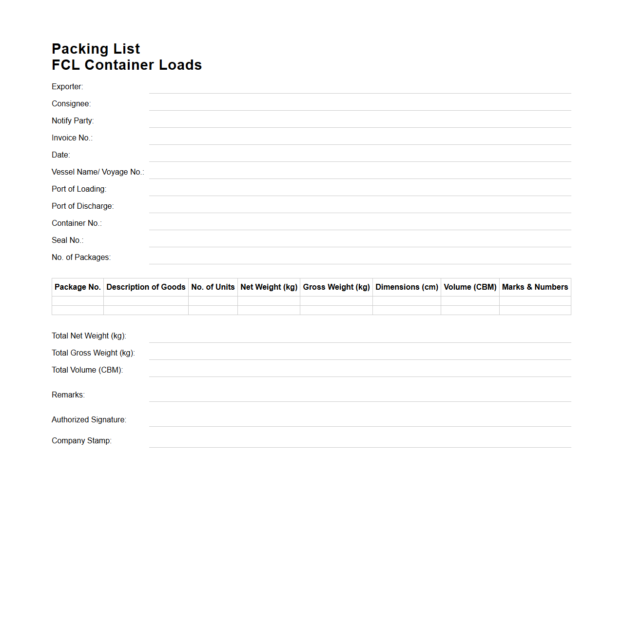 Packing List Sample for FCL Container Loads