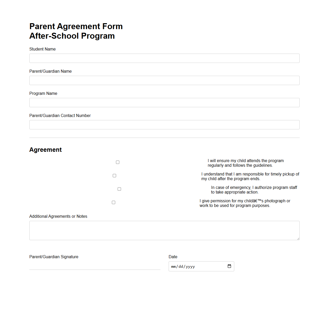Parent Agreement Form for After-School Programs
