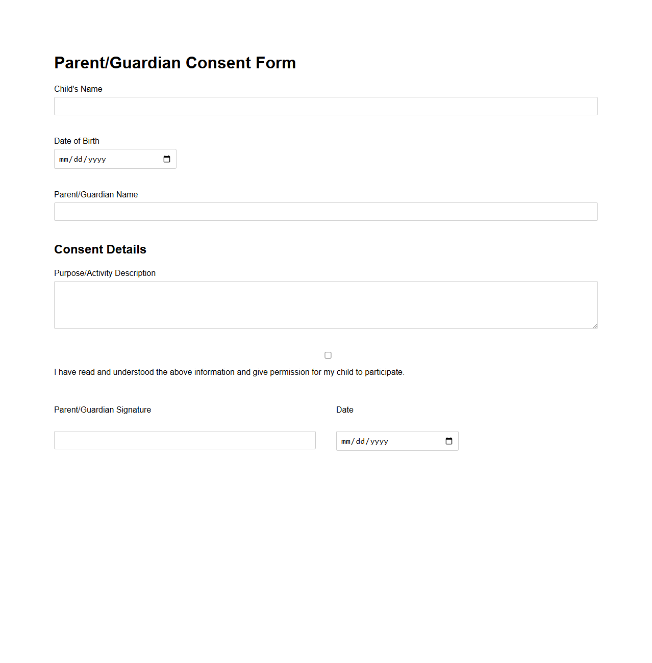 Parent/Guardian Consent Form Example