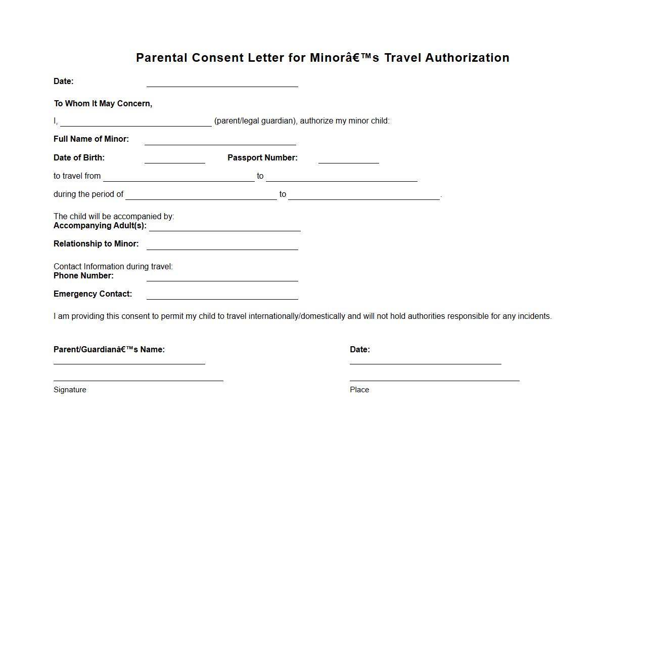 Parental Consent Letter for Minor’s Travel Authorization