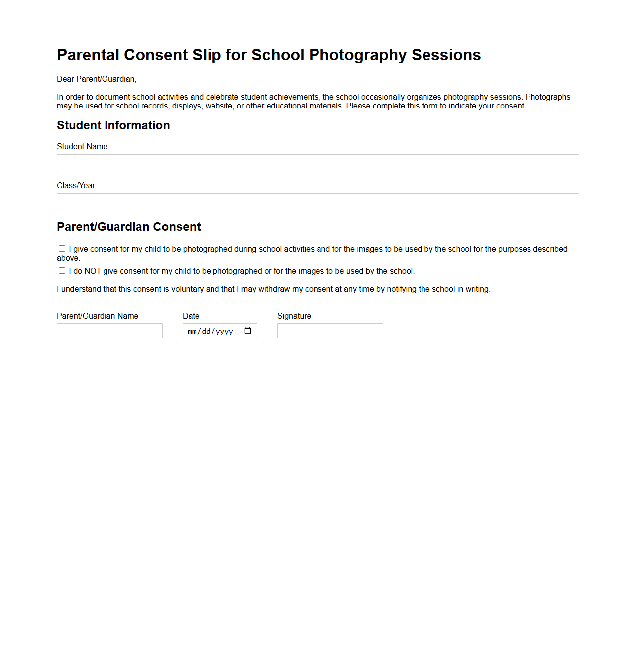 Parental Consent Slip for School Photography Sessions