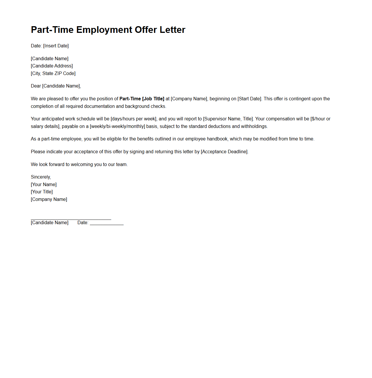 Part-Time Employment Offer Letter Sample