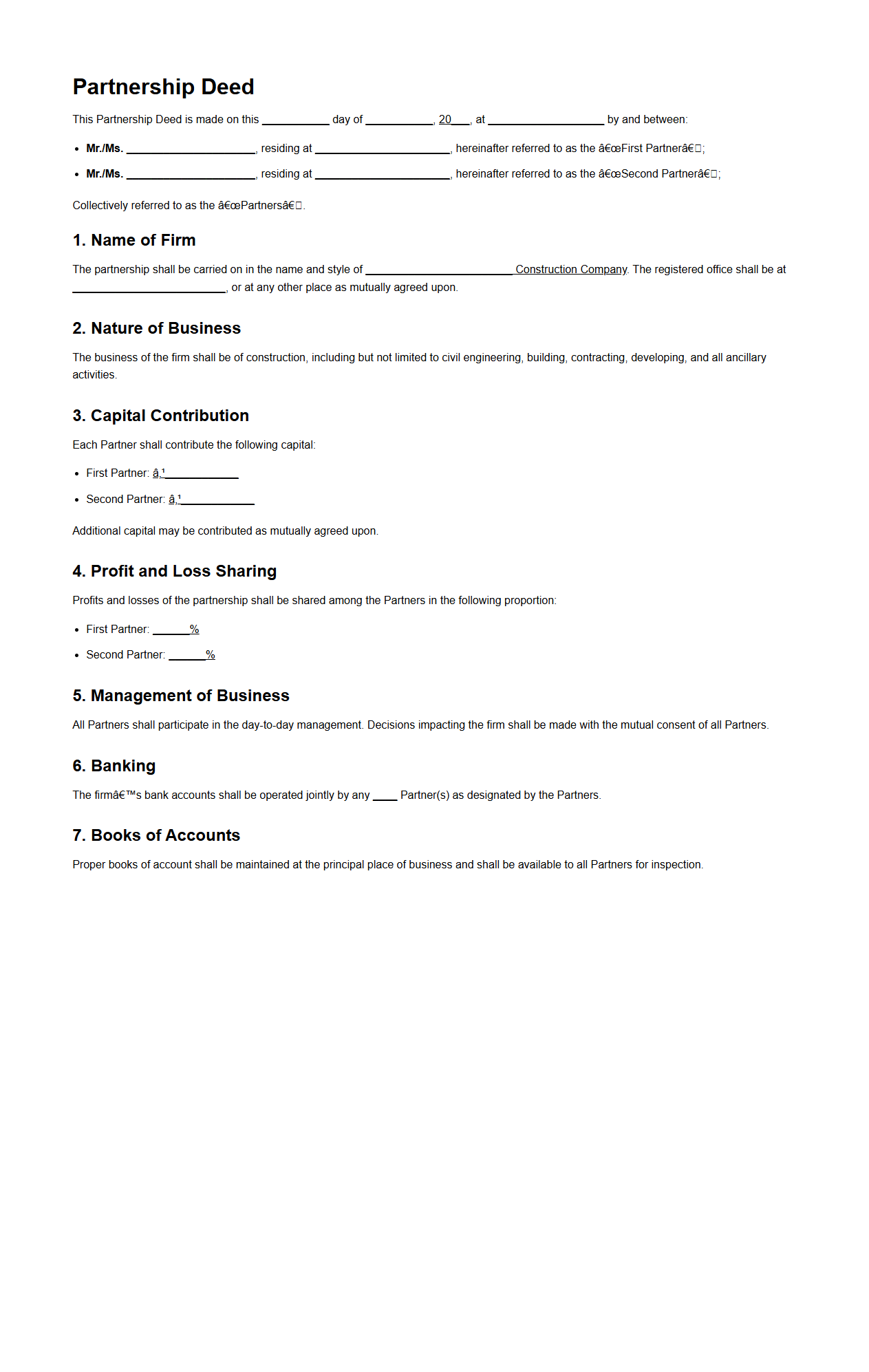 Partnership Deed for Construction Company