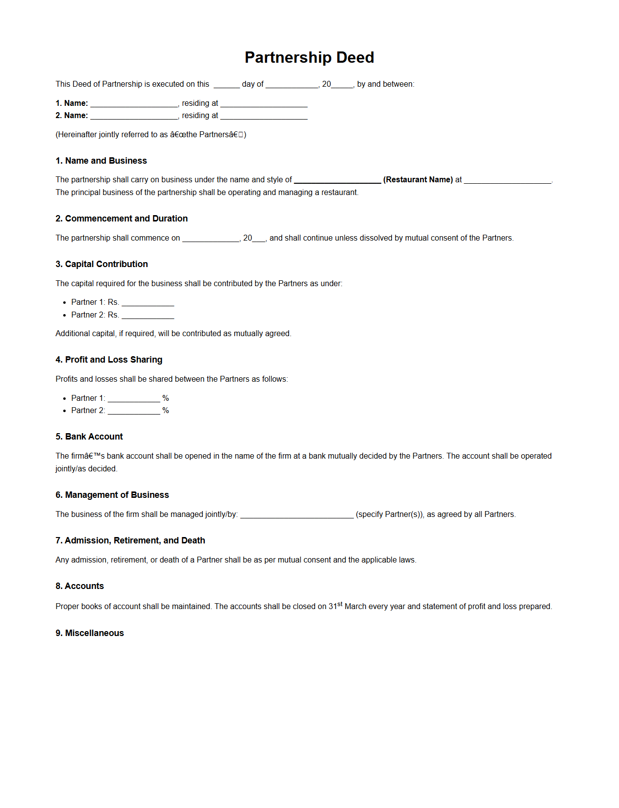 Partnership Deed for Restaurant Business