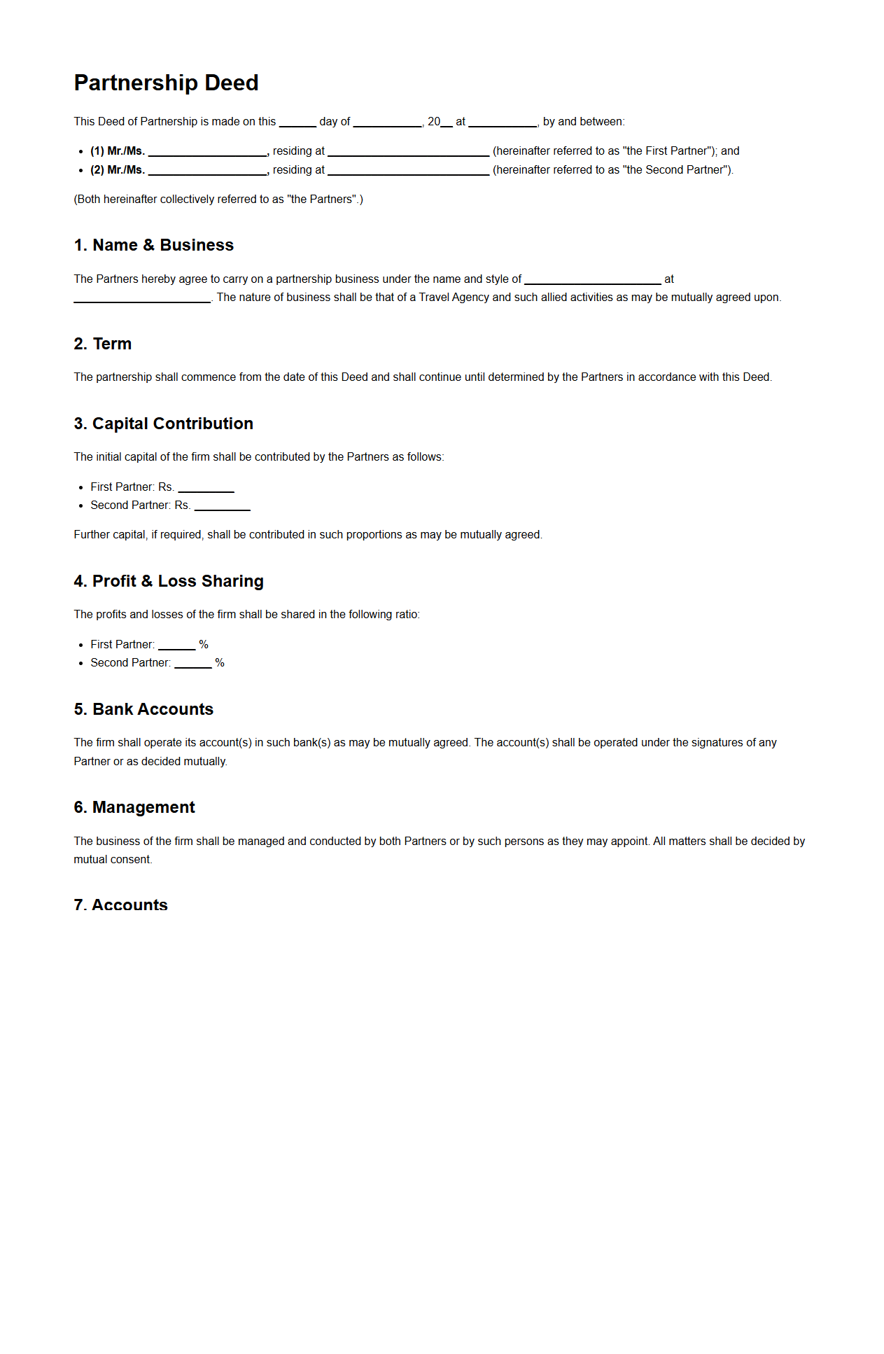 Partnership Deed for Travel Agency