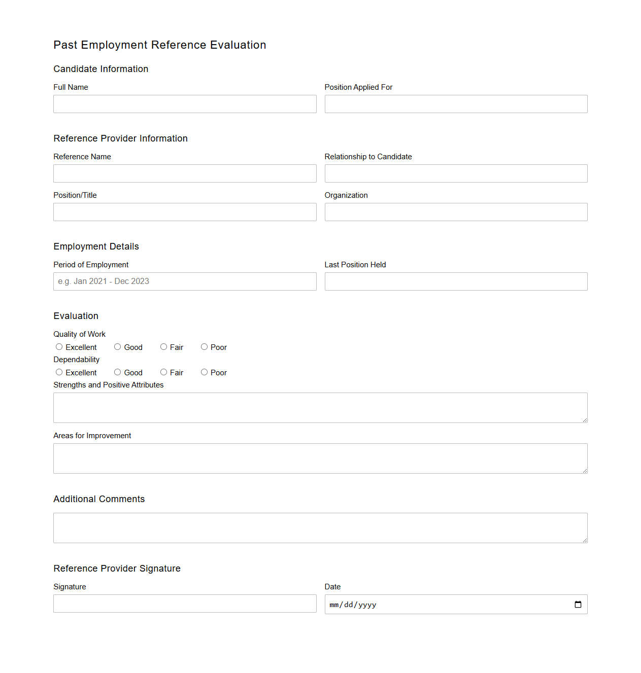 Past Employment Reference Evaluation Template
