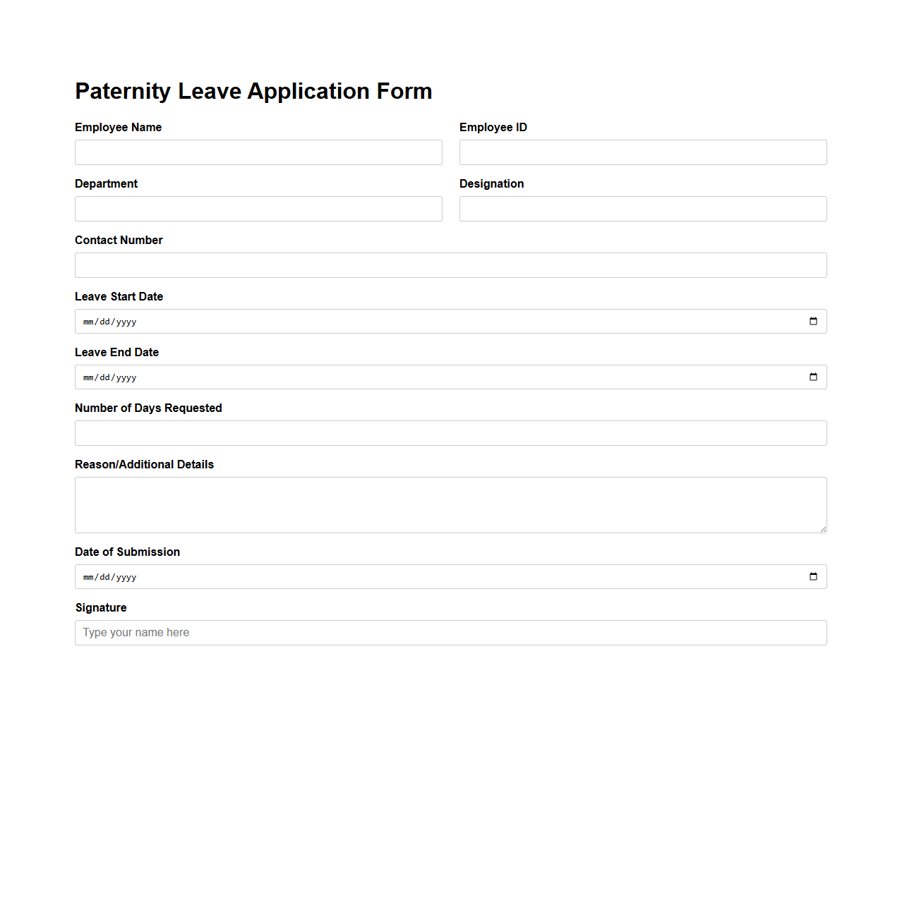 Paternity Leave Application Form Sample