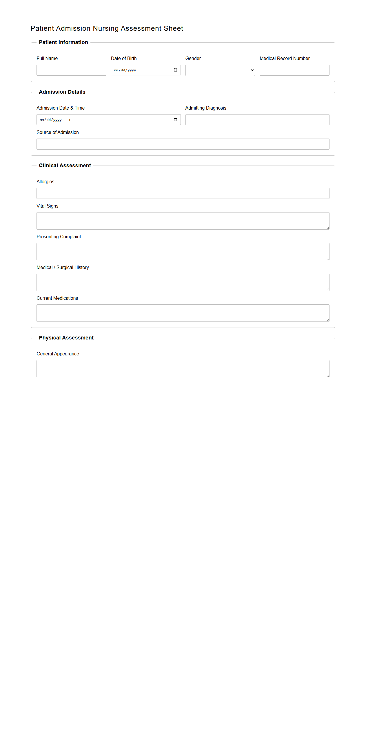Patient Admission Nursing Assessment Sheet