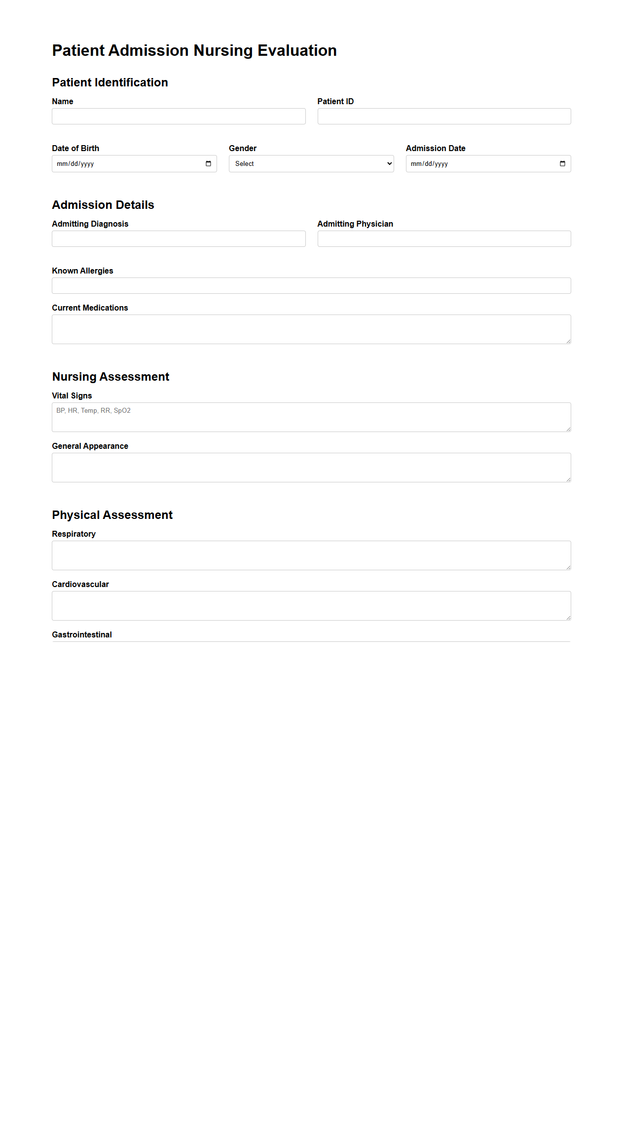 Patient Admission Nursing Evaluation Sample