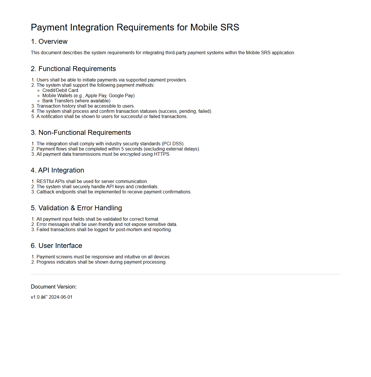 Payment Integration Requirements for Mobile SRS