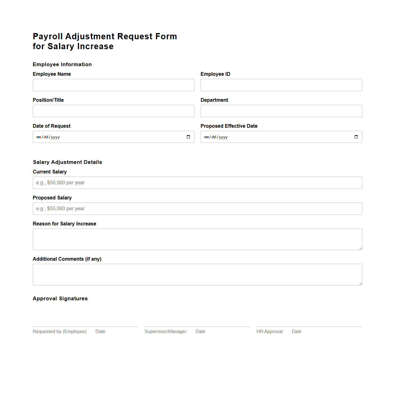 Payroll Adjustment Request Form for Salary Increase