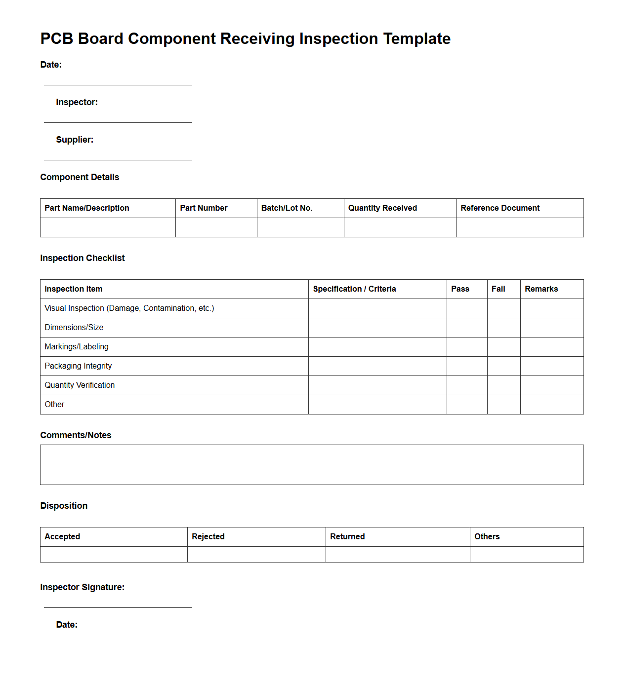 PCB Board Component Receiving Inspection Template