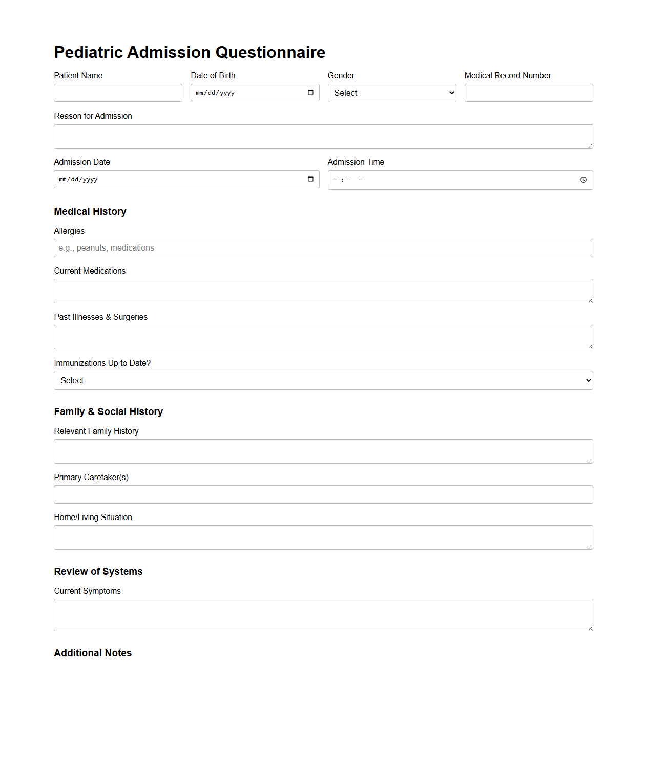 Pediatric Admission Questionnaire Example