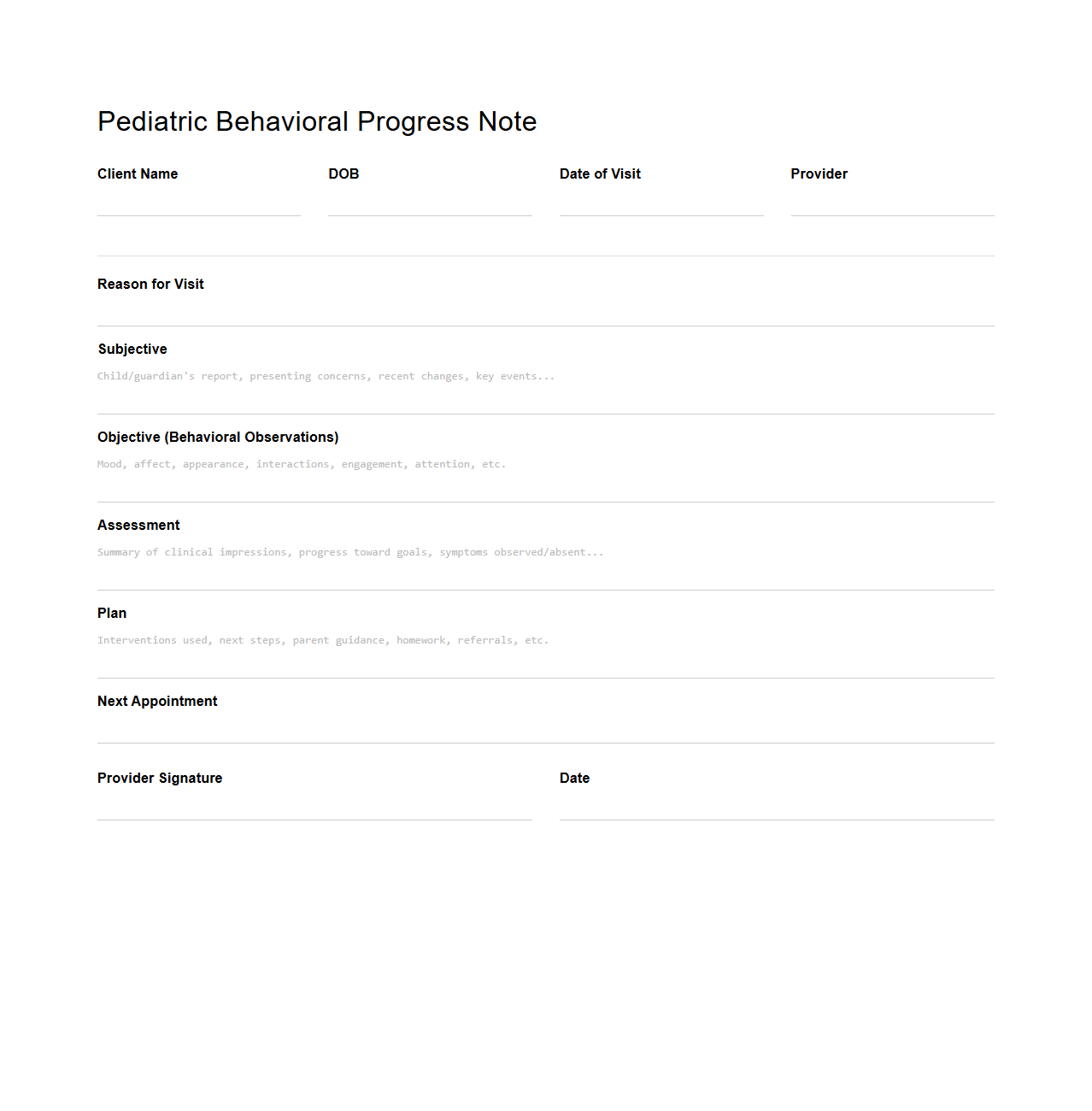 Pediatric Behavioral Progress Note Sample