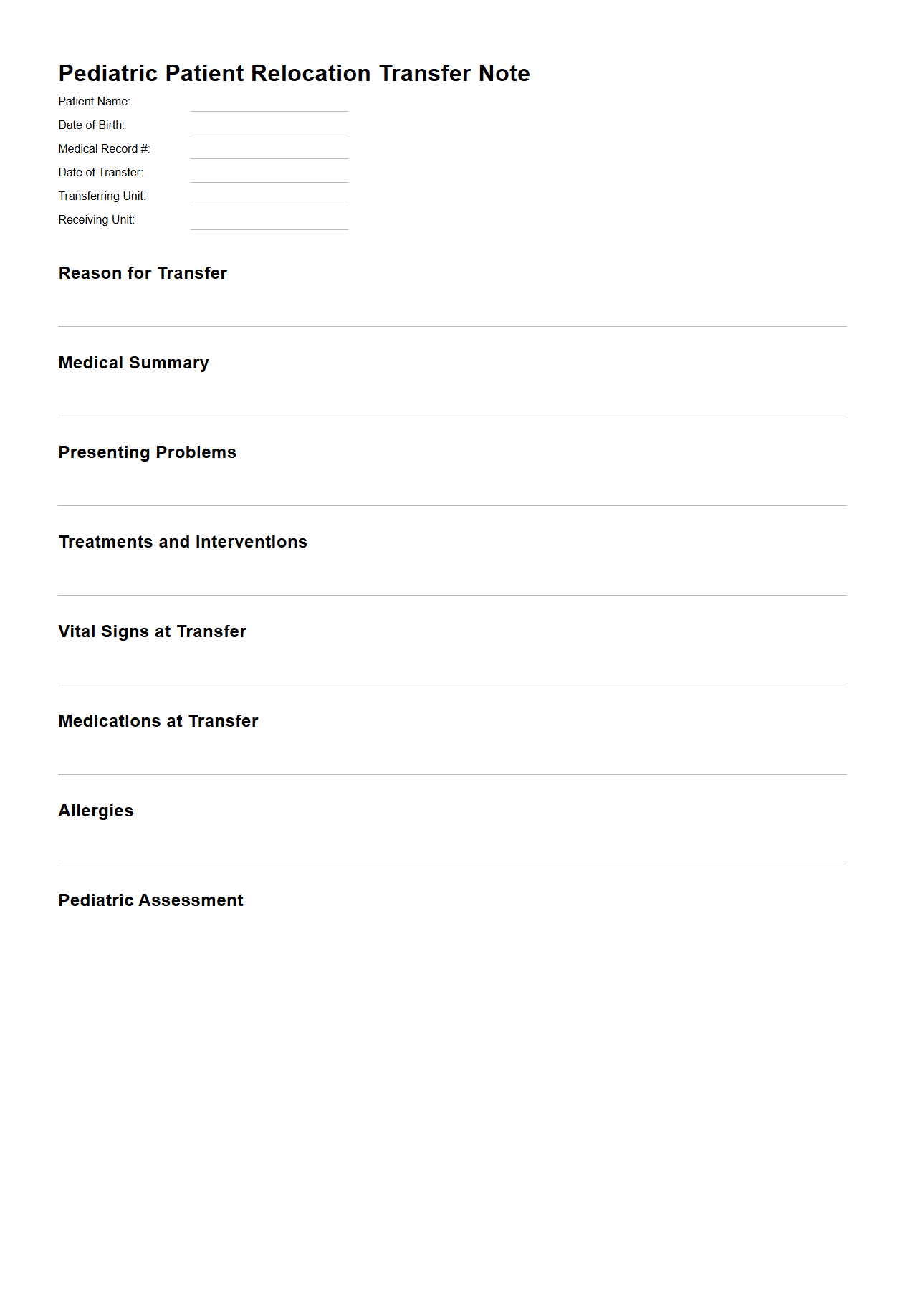 Pediatric Patient Relocation Transfer Note Sample