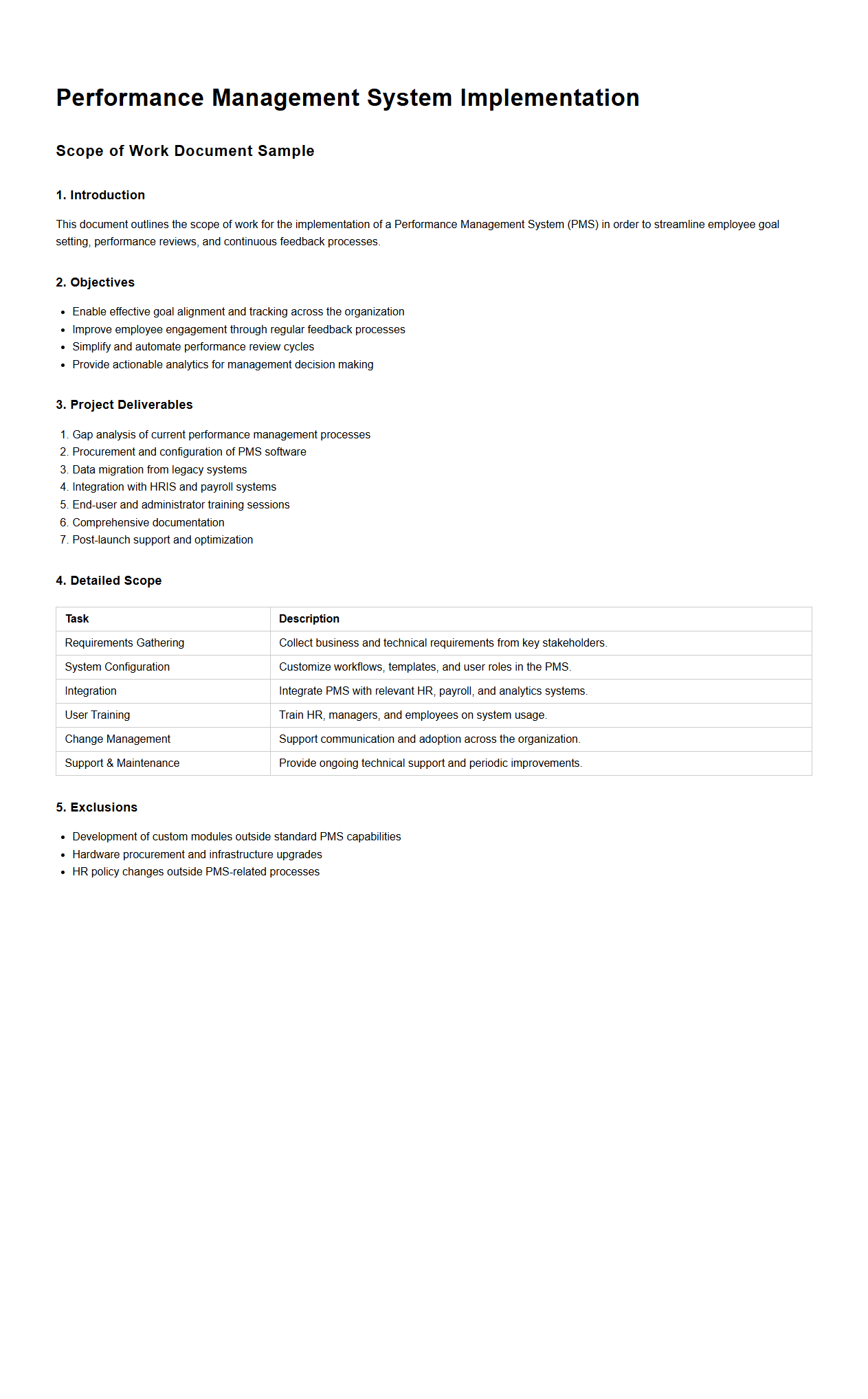 Performance Management System Implementation Scope of Work Document Sample
