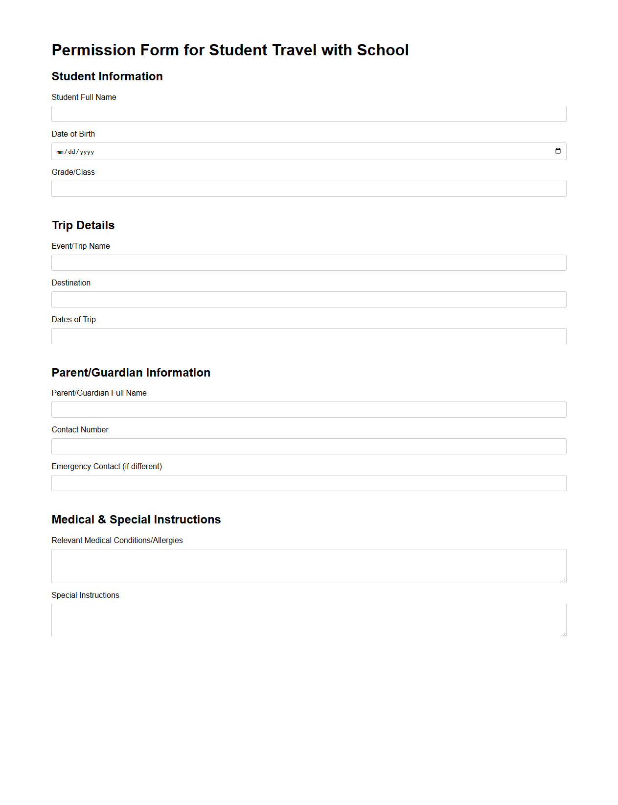 Permission Form for Student Travel with School