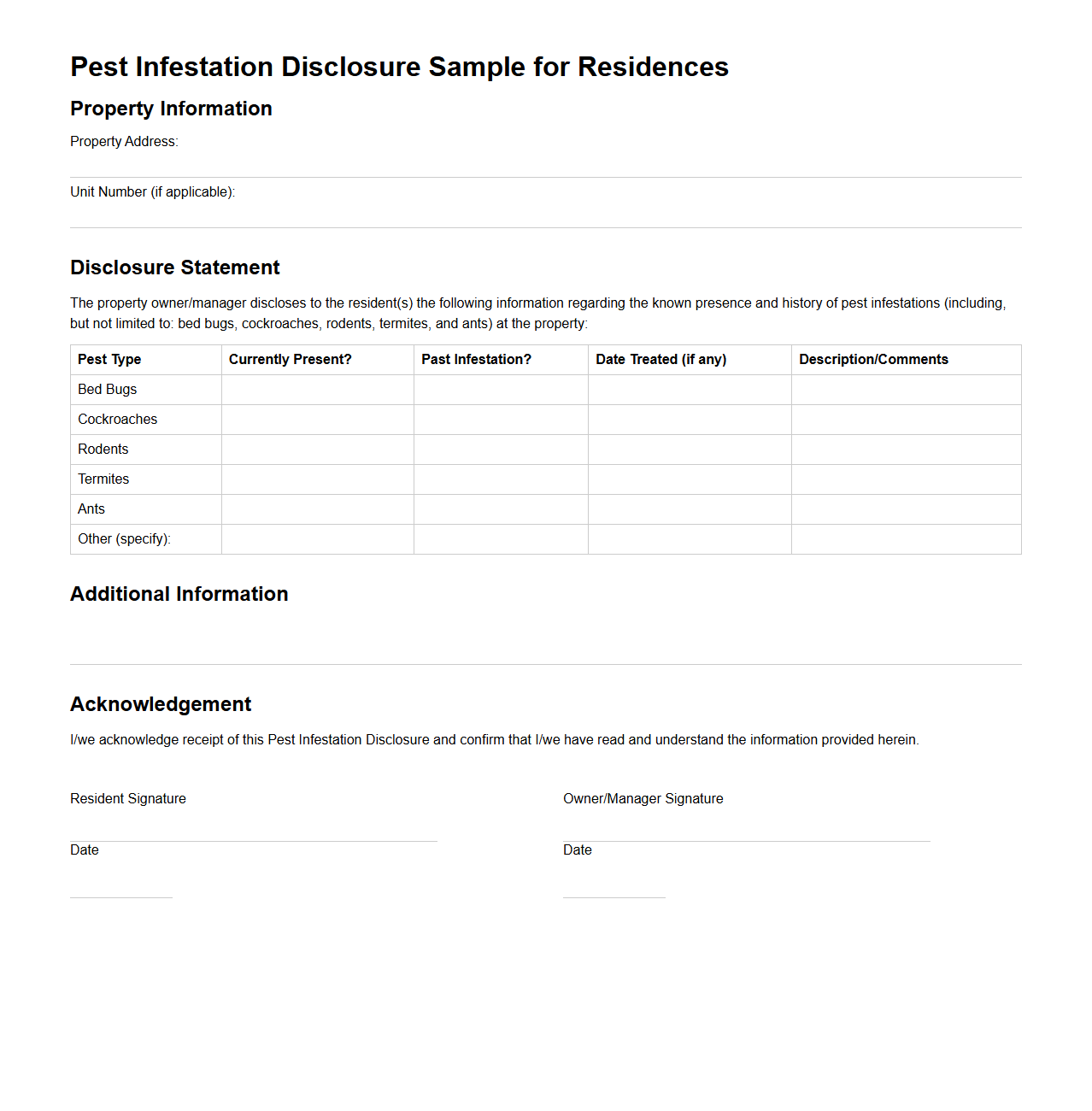 Pest Infestation Disclosure Sample for Residences