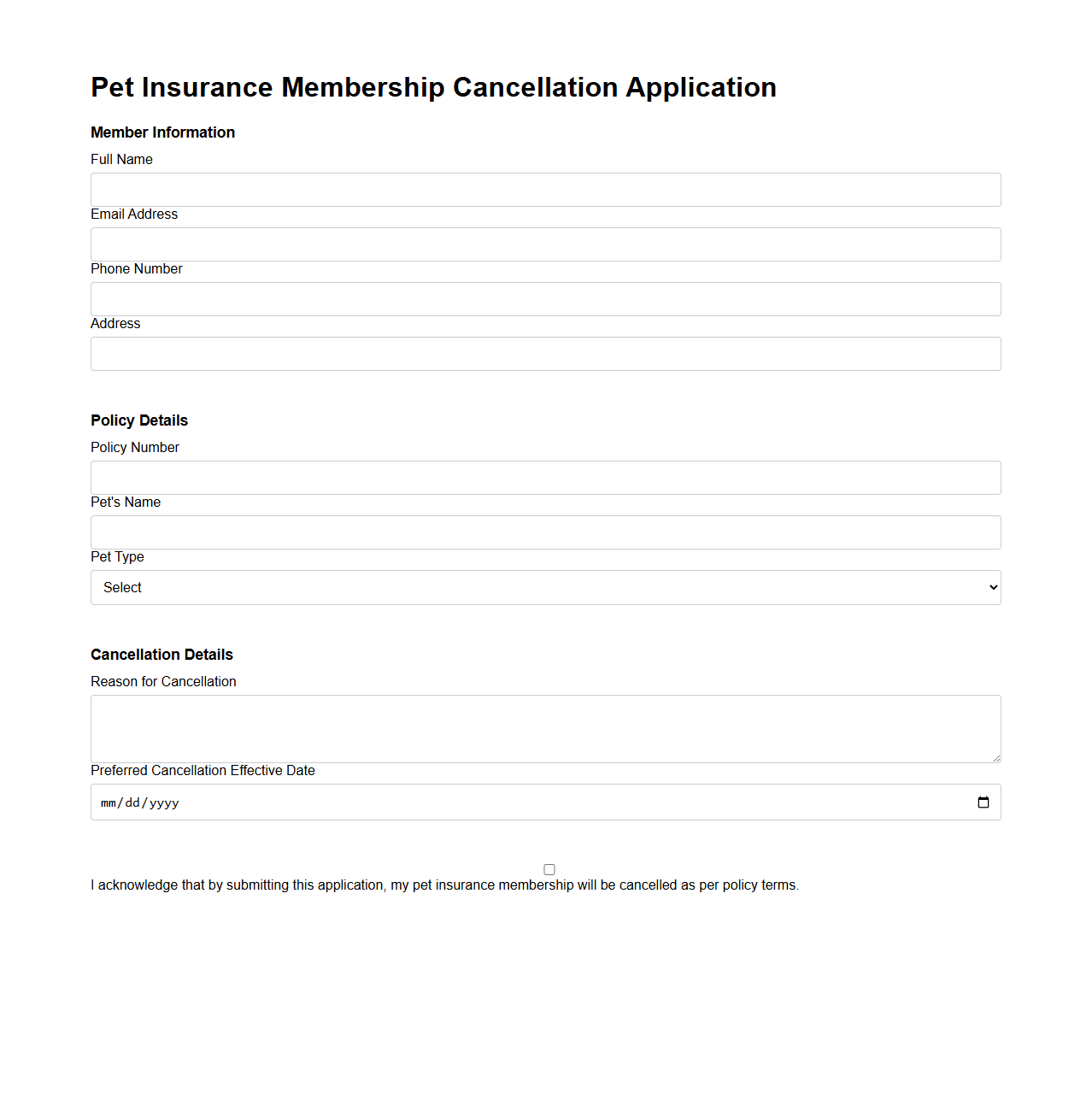 Pet Insurance Membership Cancellation Application