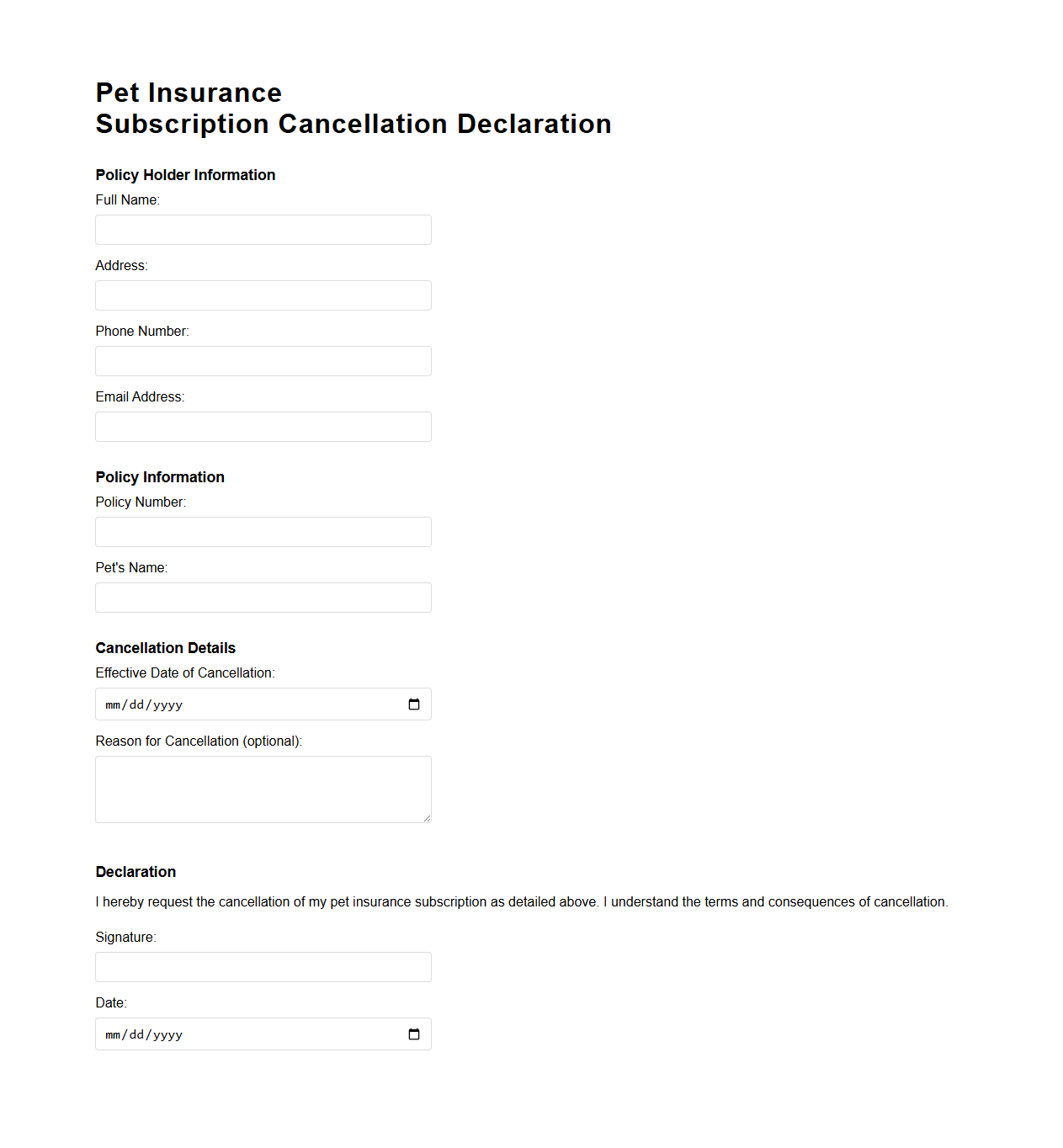 Pet Insurance Subscription Cancellation Declaration