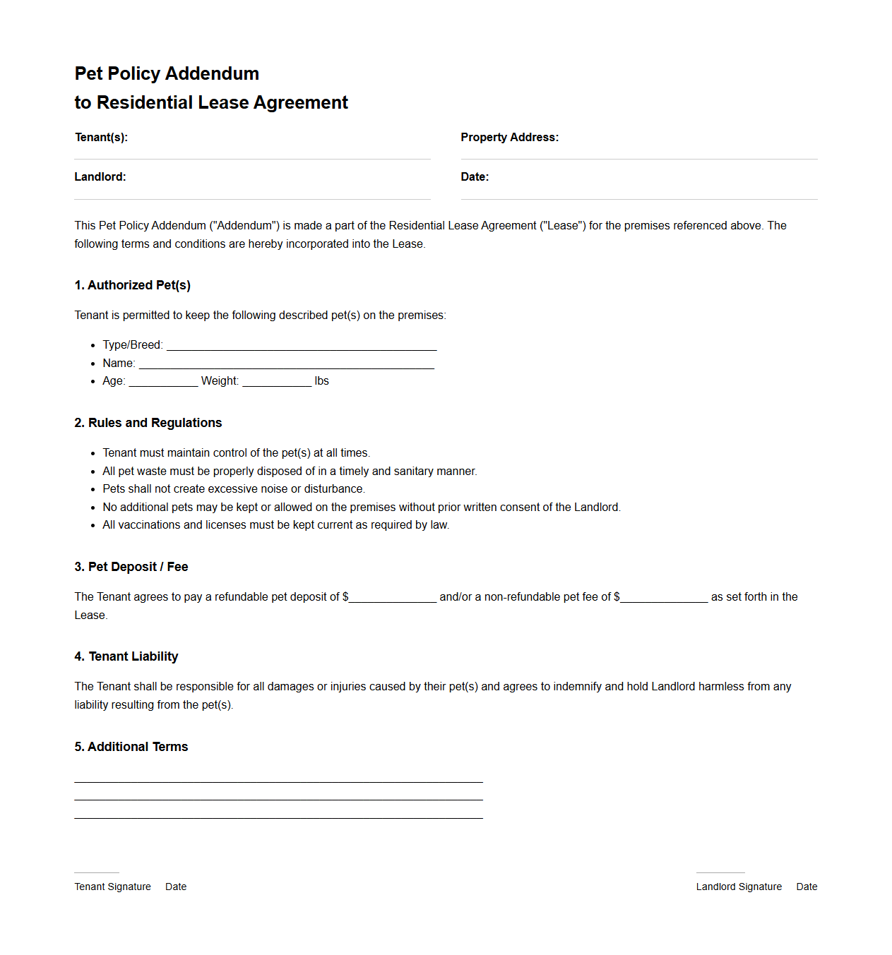 Pet Policy Addendum for Residential Lease