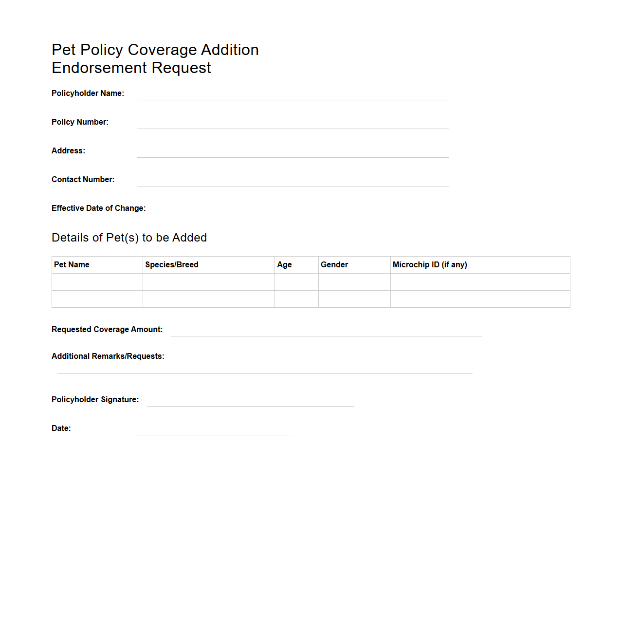 Pet Policy Coverage Addition Endorsement Request Sample