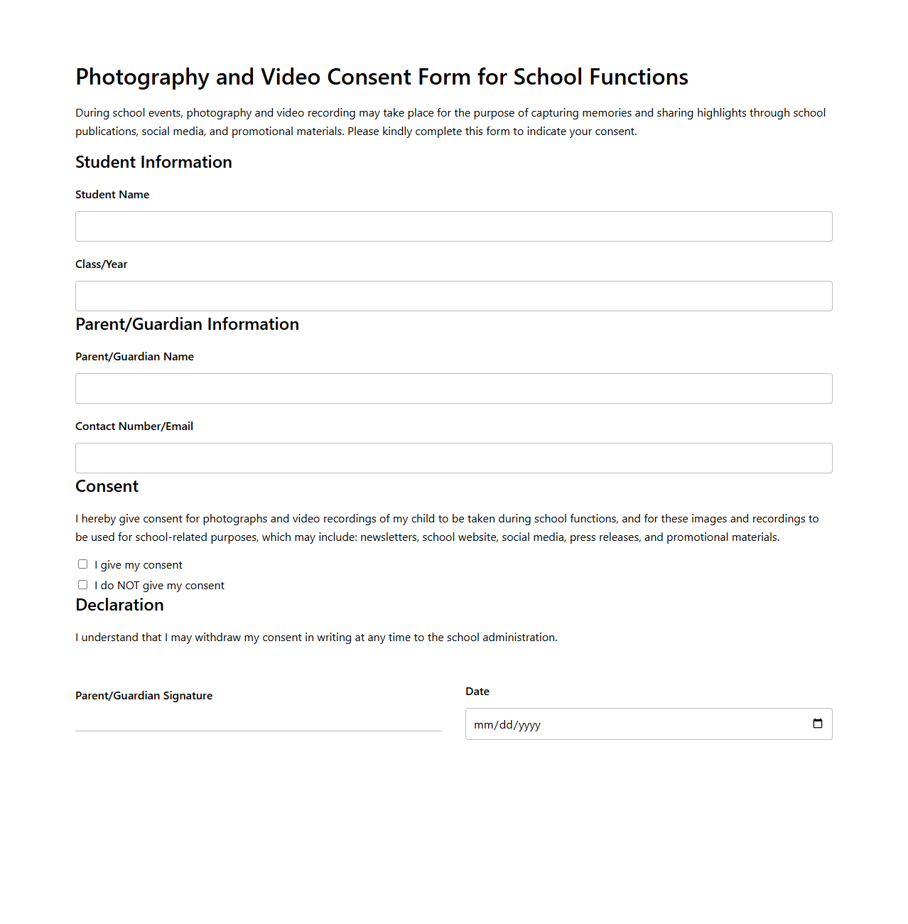 Photography and Video Consent Form for School Functions