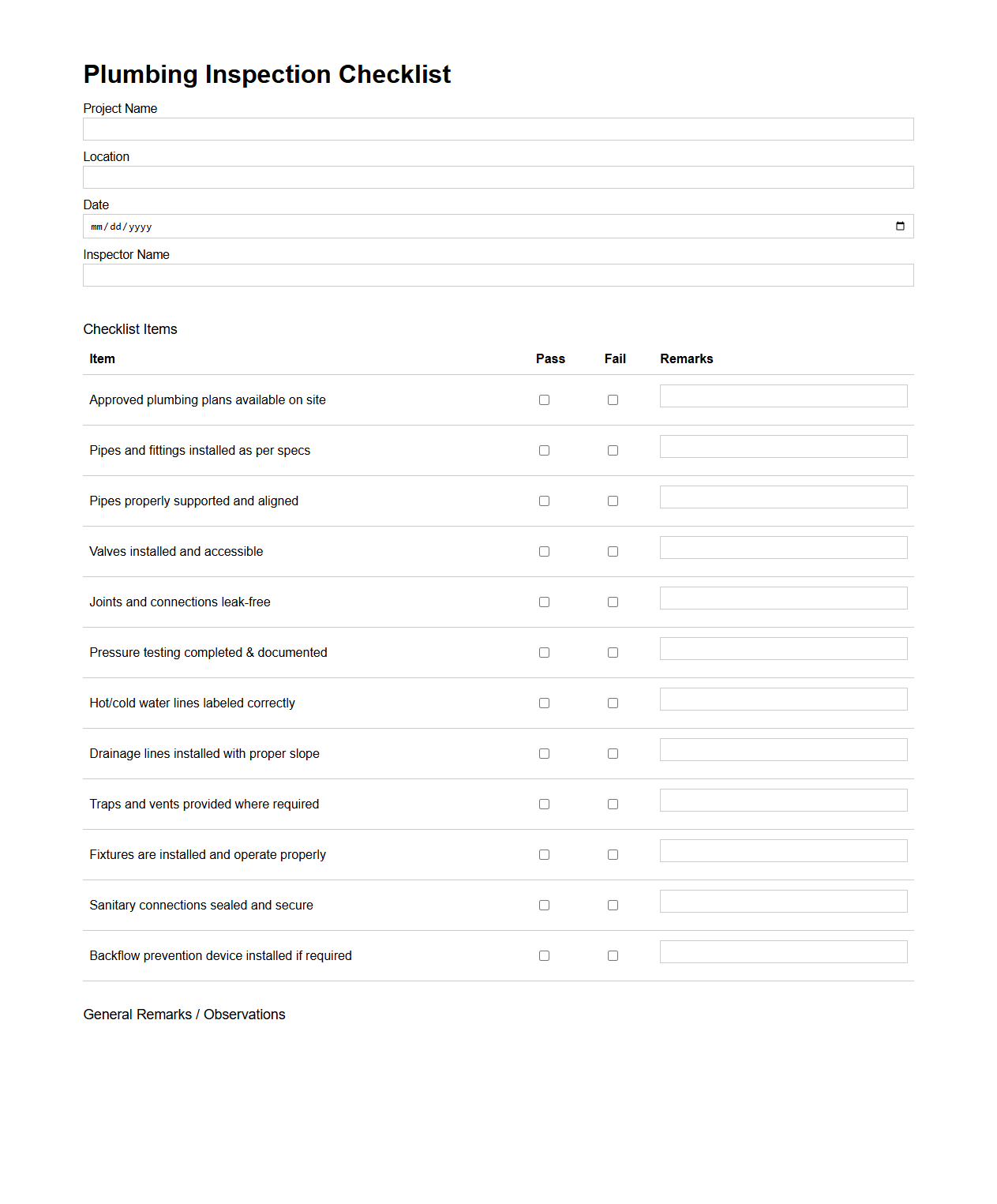 Plumbing Inspection Checklist Sample for Construction Sites