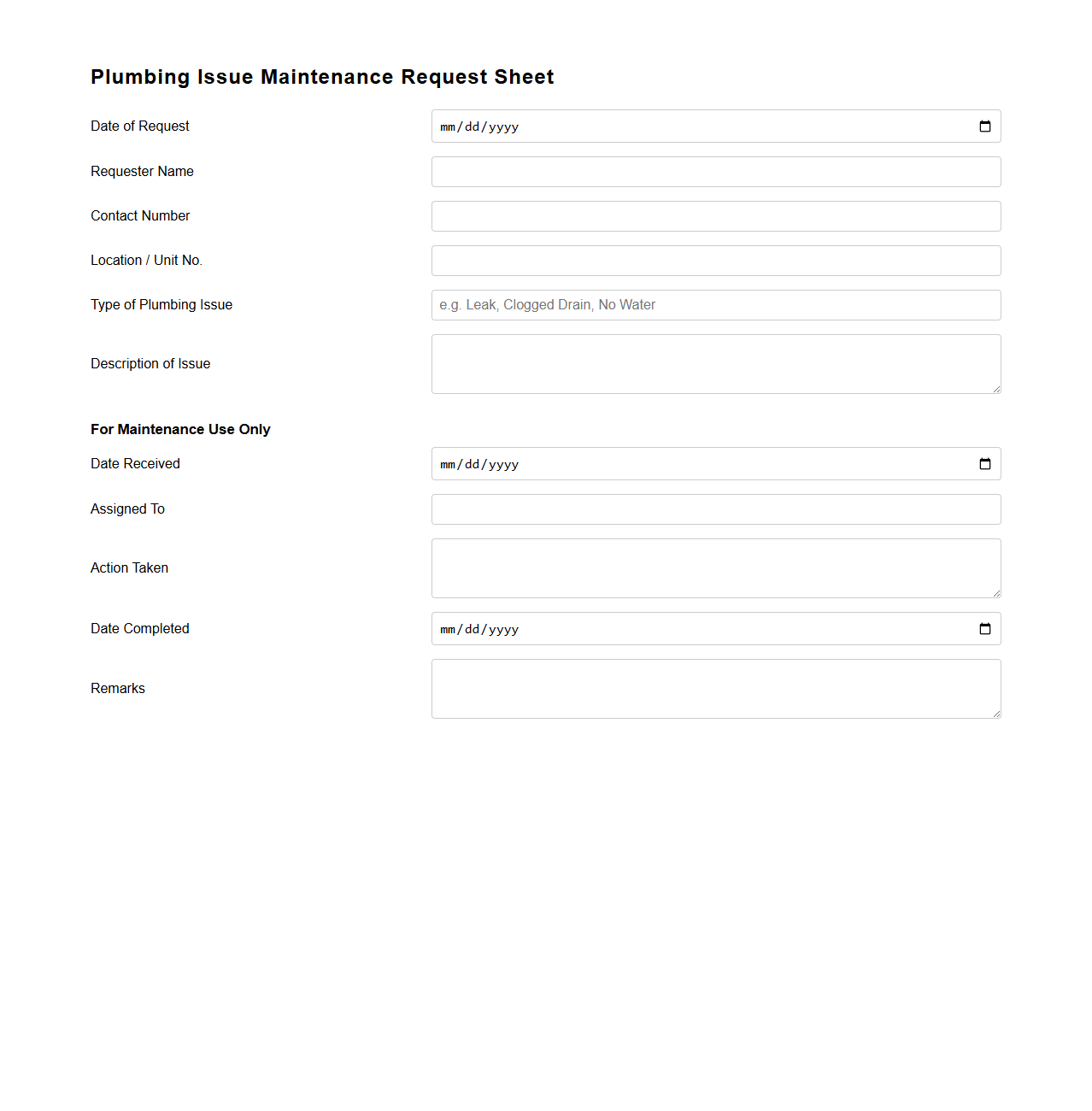 Plumbing Issue Maintenance Request Sheet