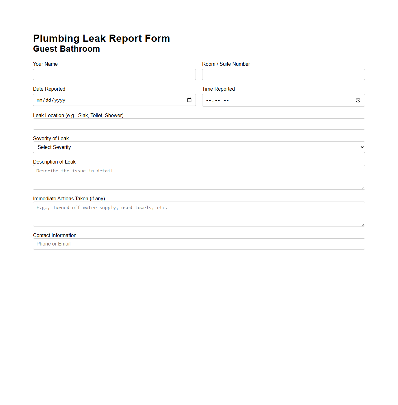 Plumbing Leak Report Form for Guest Bathroom
