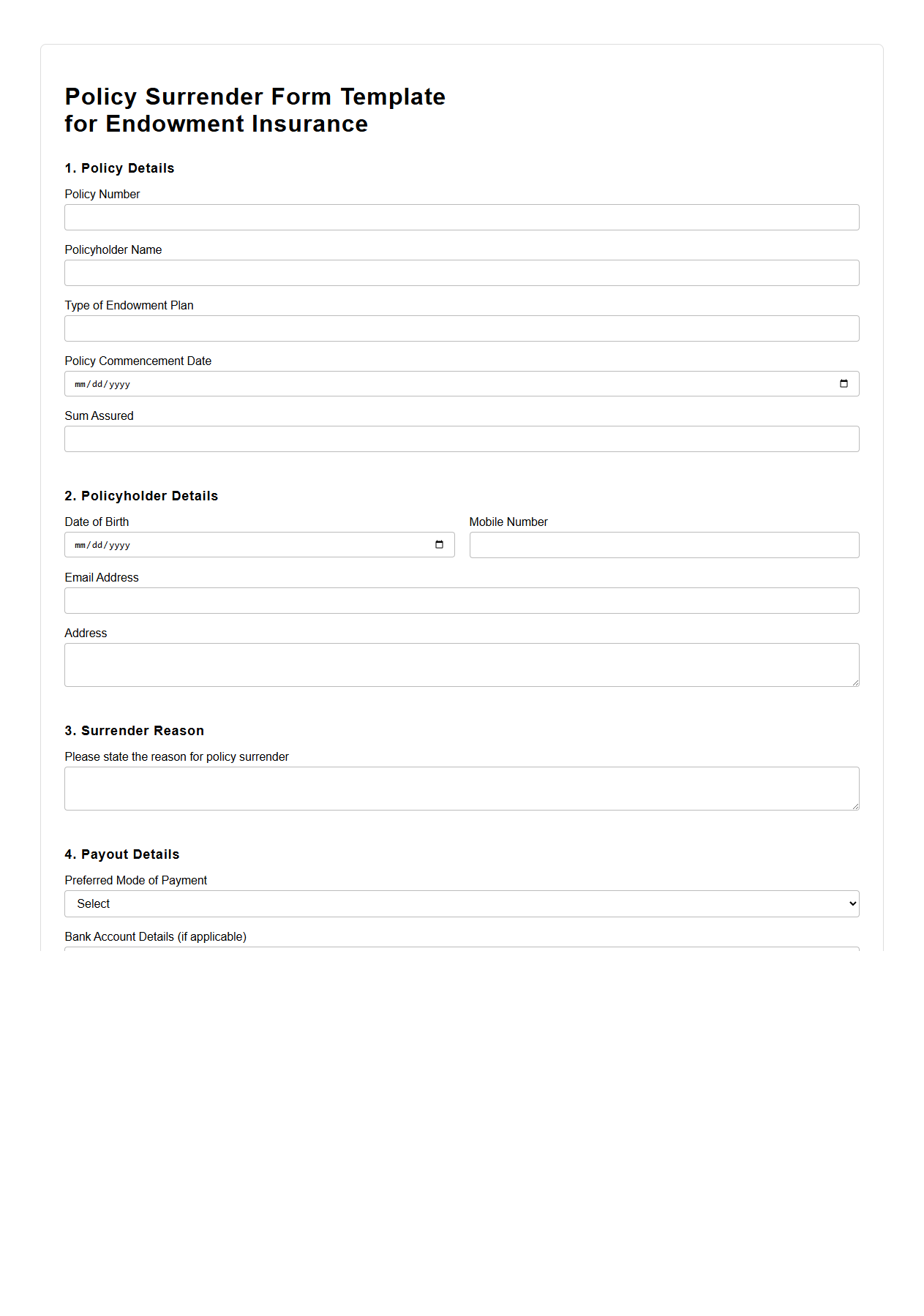 Policy Surrender Form Template for Endowment Insurance