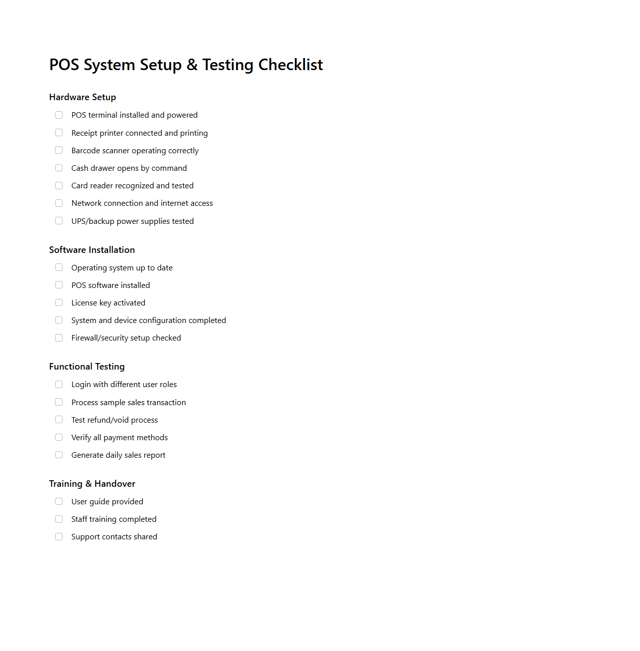 POS System Setup and Testing Checklist