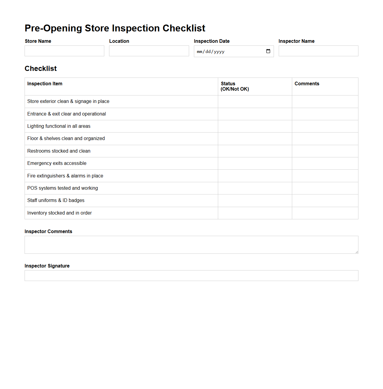 Pre-Opening Store Inspection Checklist Template