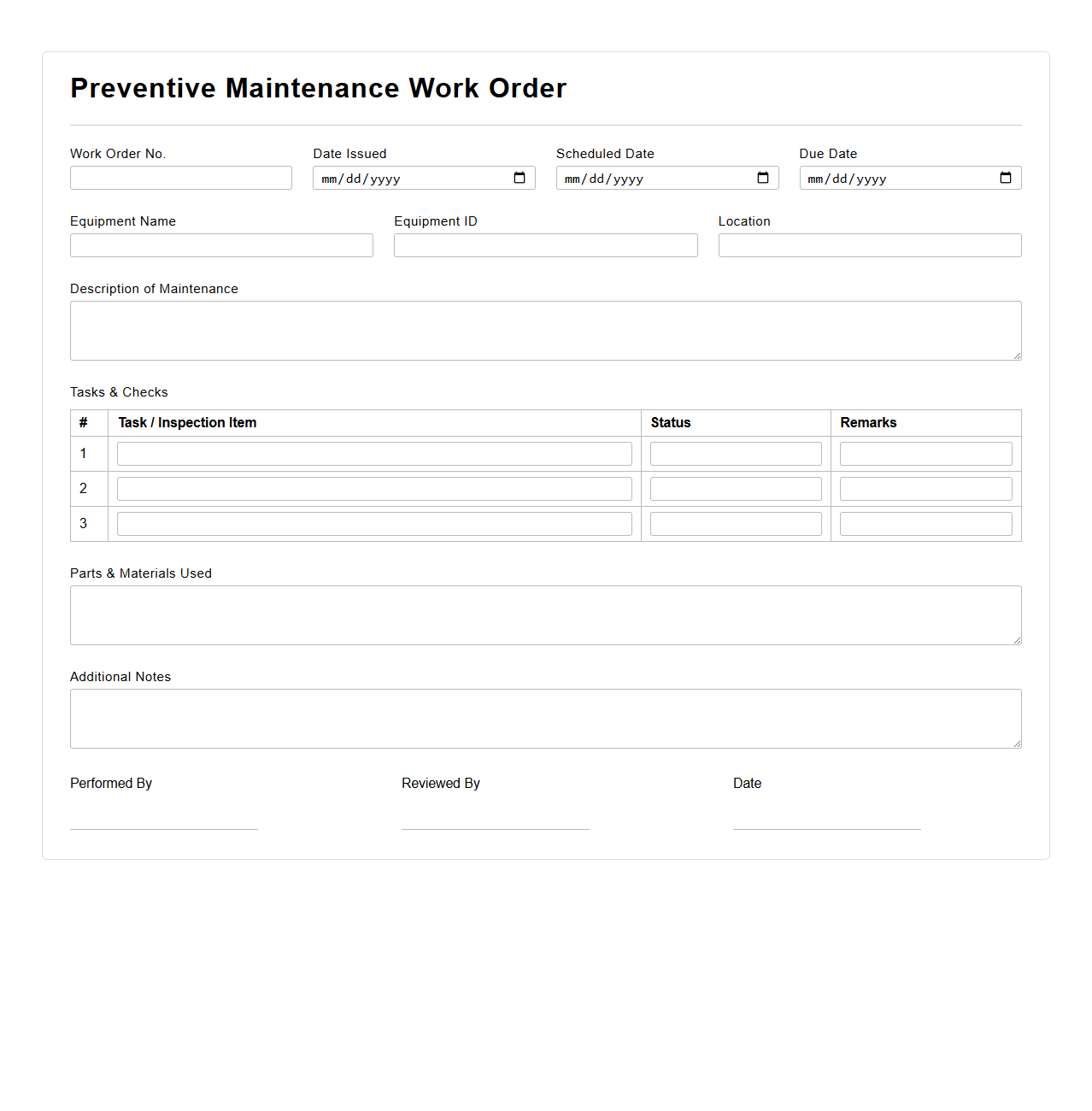 Preventive Maintenance Work Order Template for Manufacturing