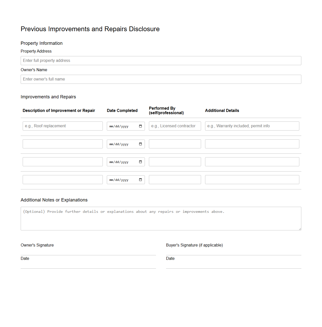 Previous Improvements and Repairs Disclosure Sample