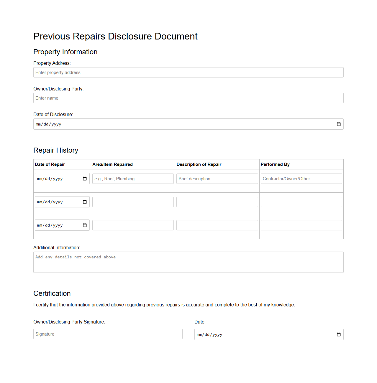 Previous Repairs Disclosure Document Sample