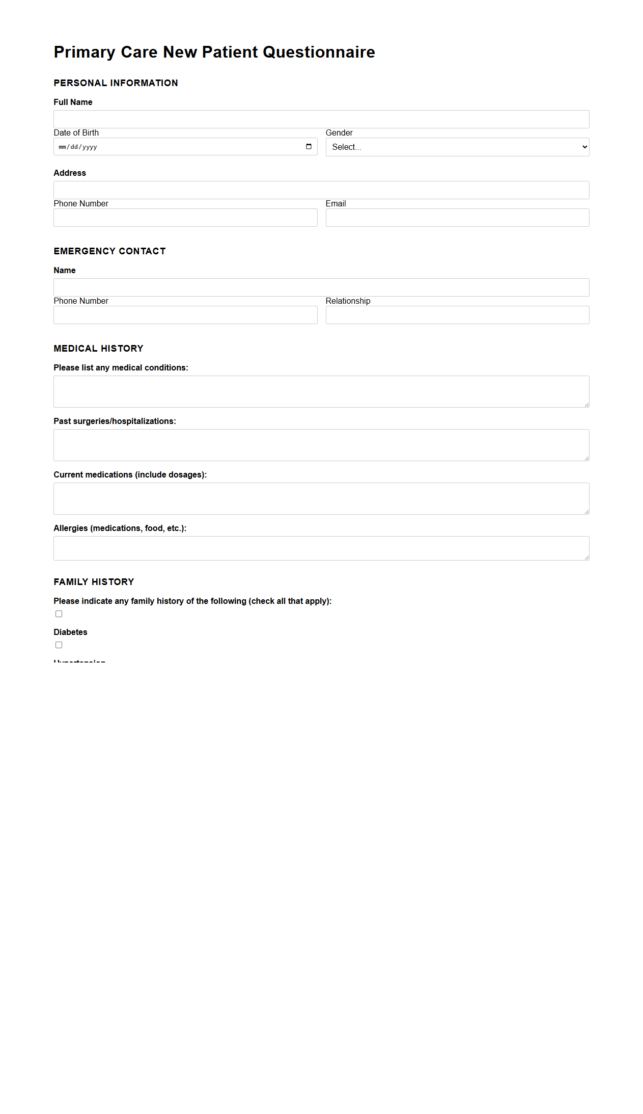 Primary Care New Patient Questionnaire