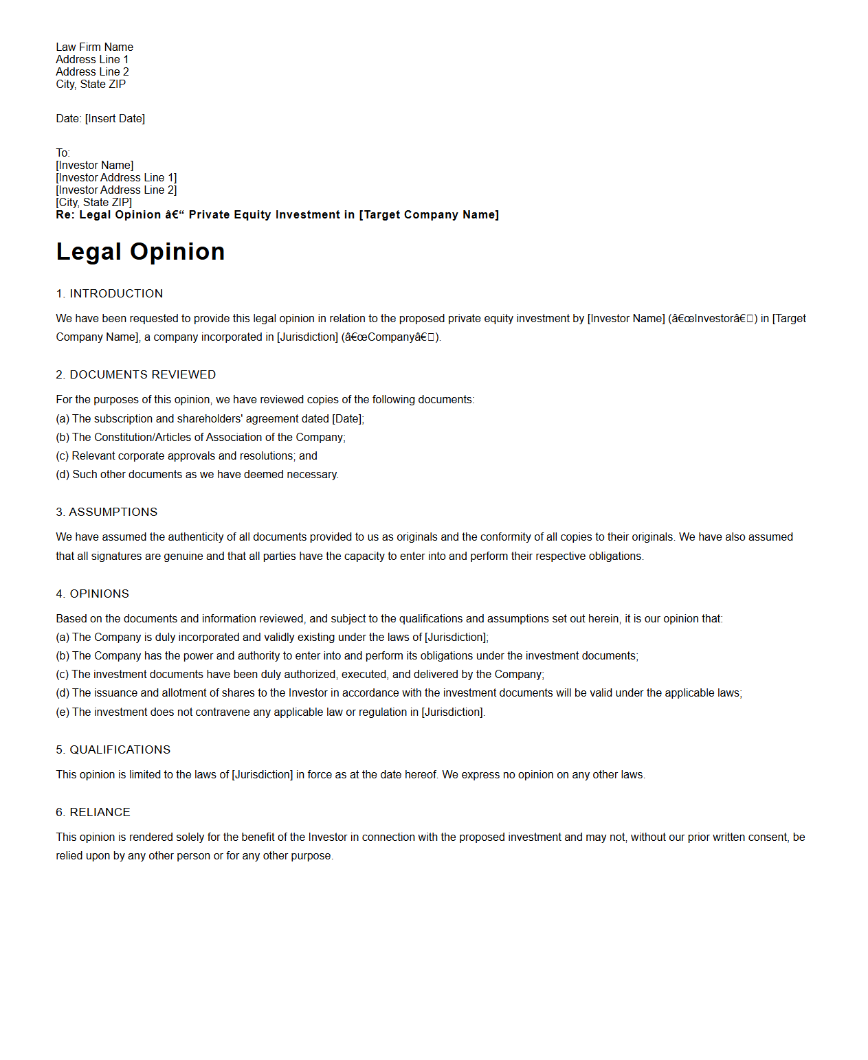 Private Equity Investment Legal Opinion