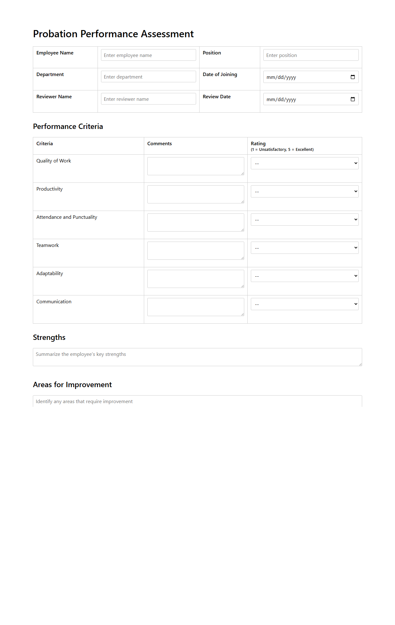 Probation Performance Assessment Template for New Hires