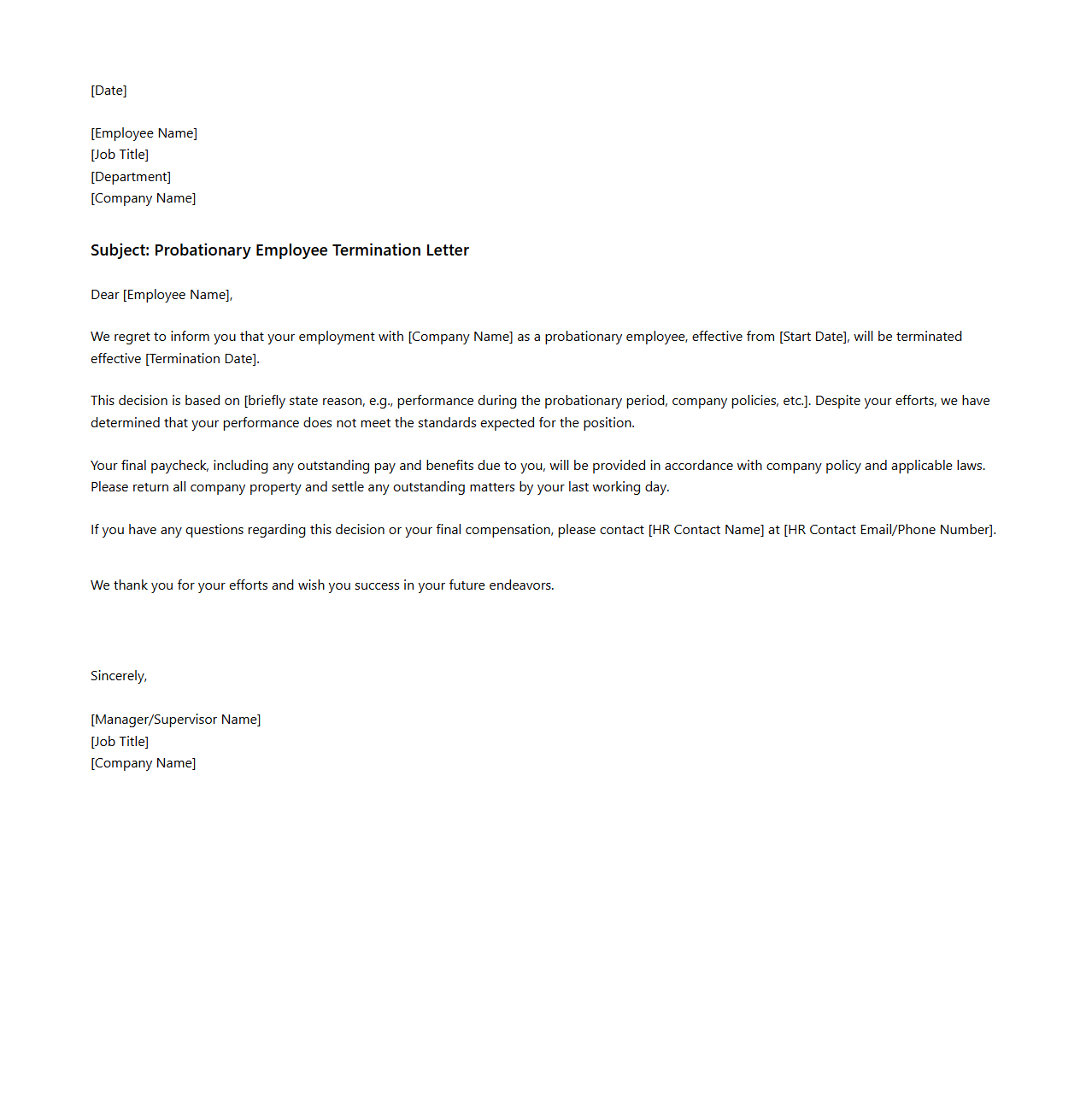 Probationary Employee Termination Letter