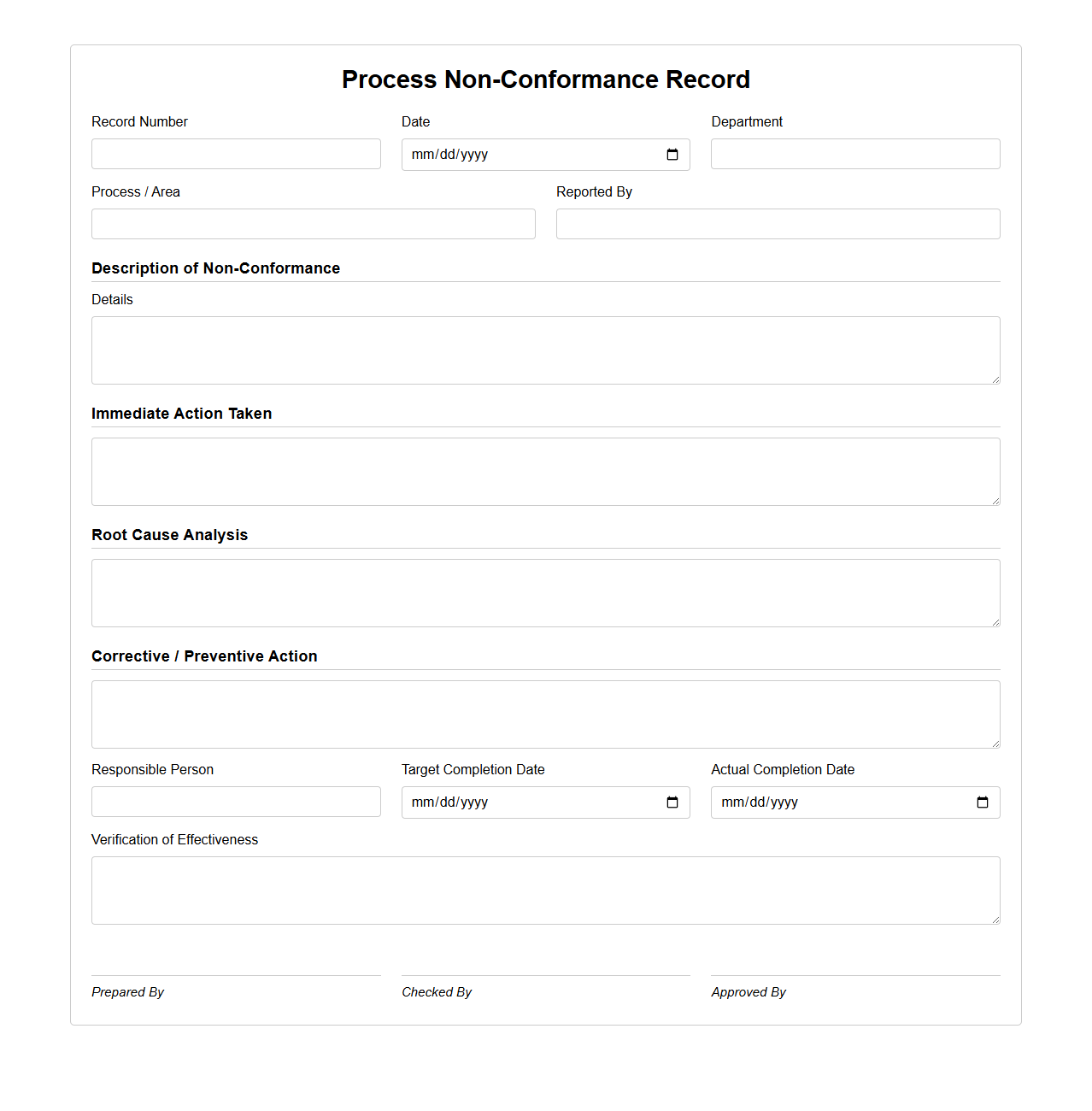 Process Non-Conformance Record for Quality Control
