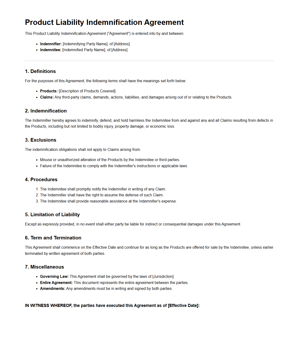 Product Liability Indemnification Agreement Structure