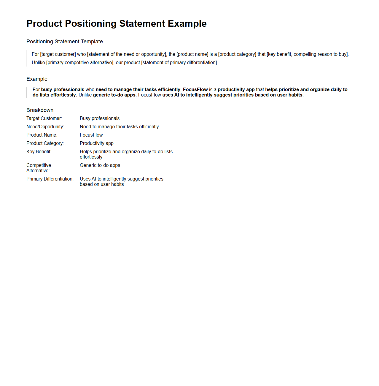 Product Positioning Statement Example