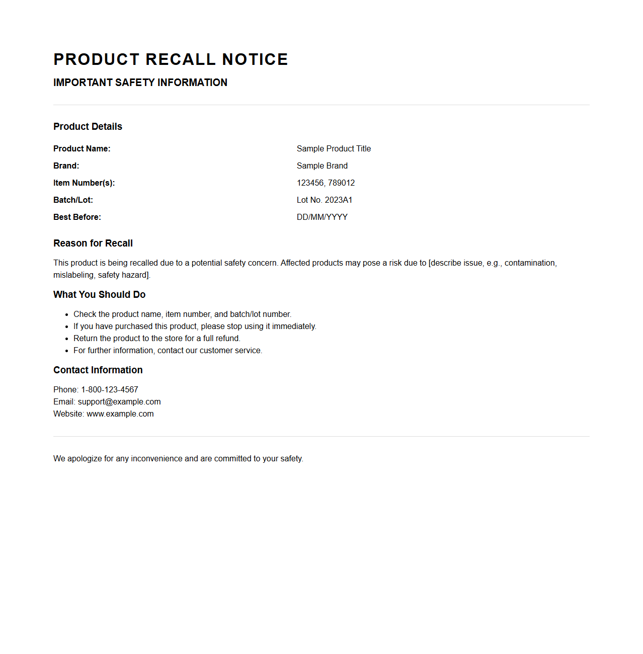 Product Recall Poster Sample for In-Store Display