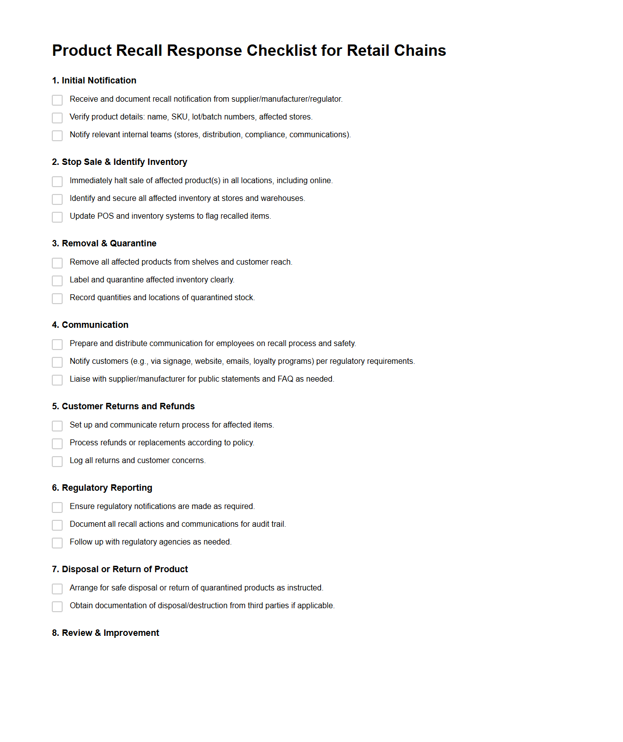 Product Recall Response Checklist for Retail Chains